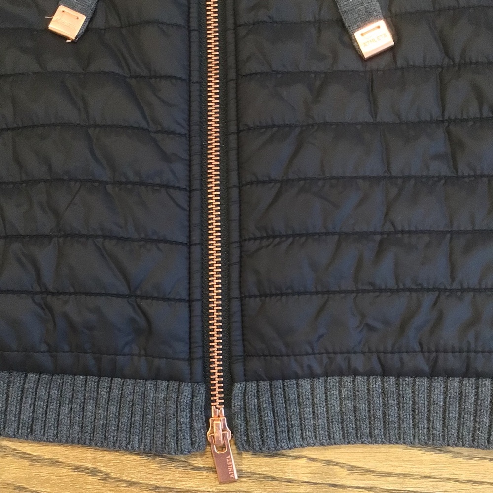 Athleta Black Quilted Tings Puffer Vest Rose Hardware & Knit Wool Trim - Picture 6 of 8